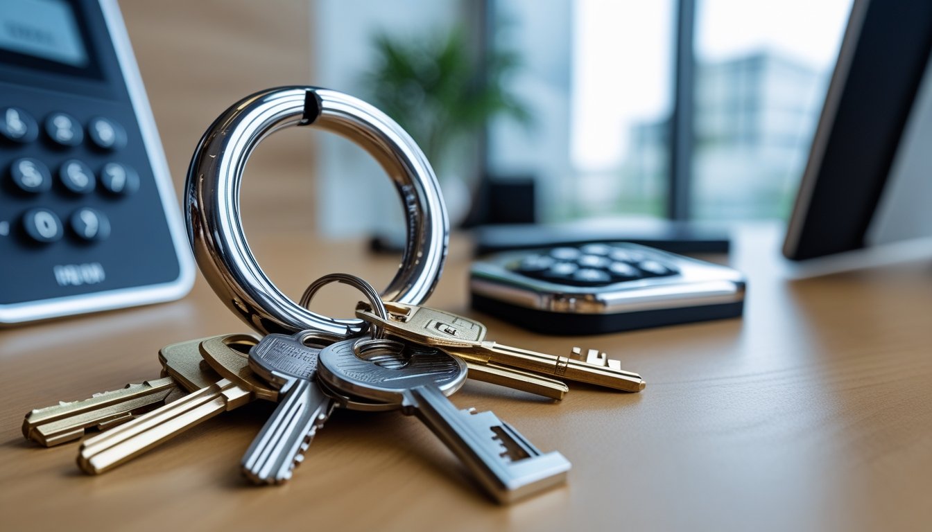 Close-up of a key ring with multiple keys next to a digital security keypad and a smart lock on a door in an office setting.