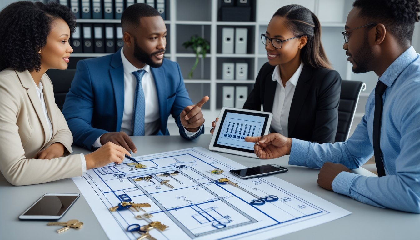 Three professionals discussing a master key system blueprint and digital diagrams around a conference table in an office.