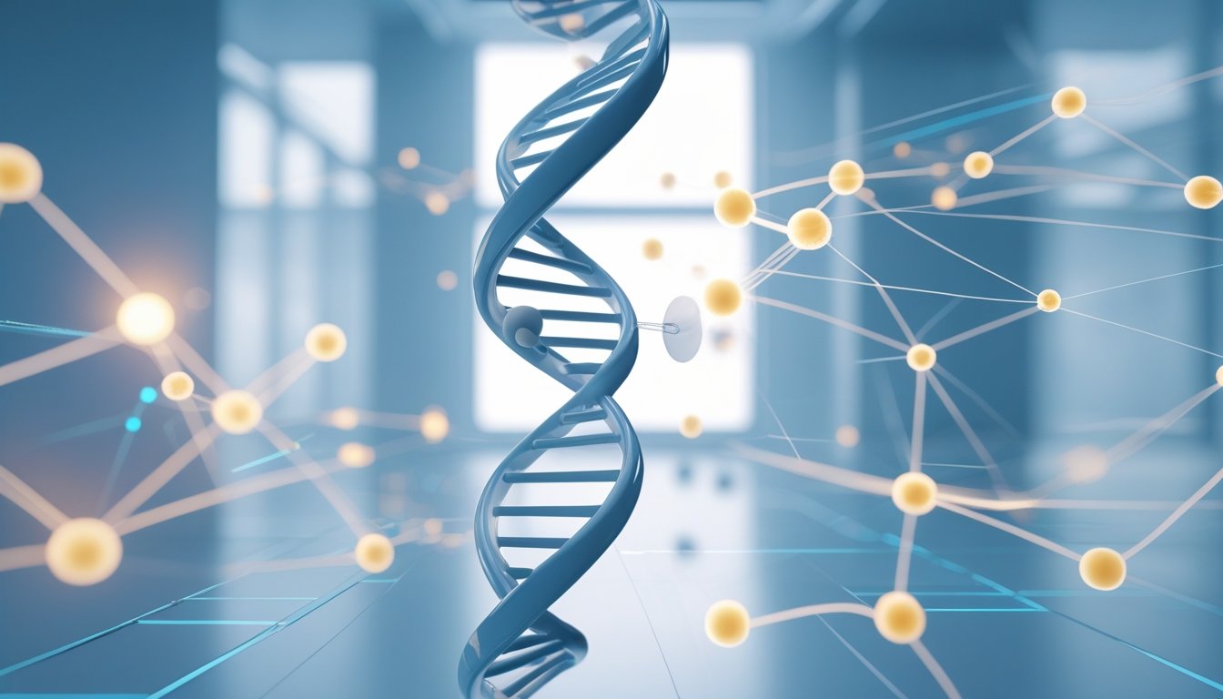 Close-up of a DNA double helix with one segment duplicating, surrounded by molecular structures in a laboratory setting.