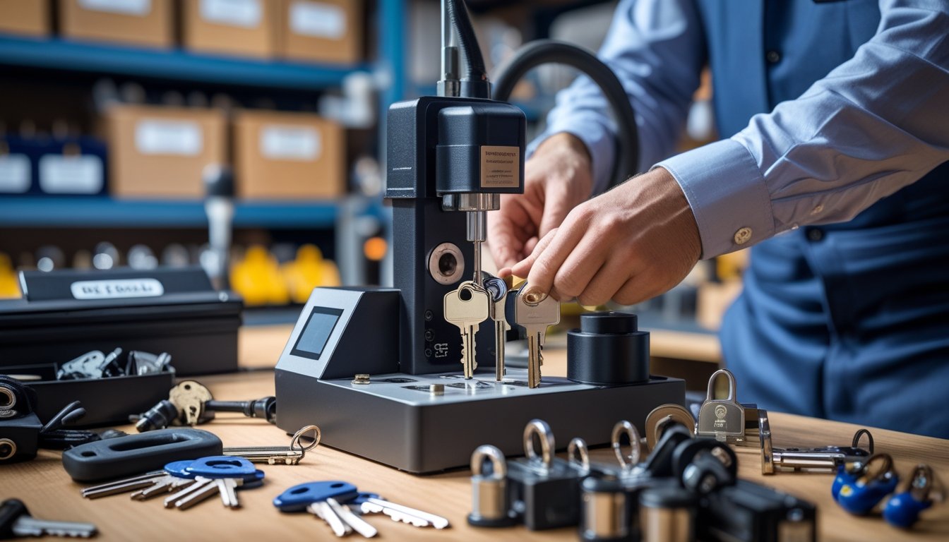 A locksmith's hands using a key cutting machine to duplicate keys in a tidy workshop with shelves of key boxes in the background.