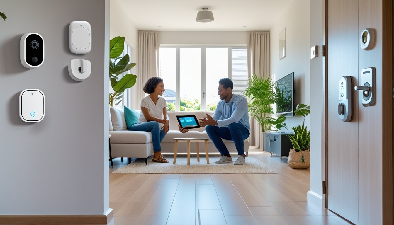 A family discussing home security in a living room with a smart camera, smart door lock, and alarm keypad visible.