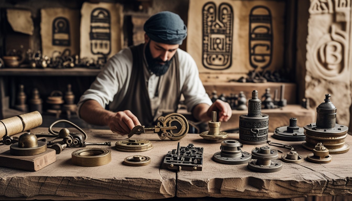 An artisan locksmith working with ancient lock-picking tools and early lock mechanisms on a wooden workbench, surrounded by historical lock designs and stone wall carvings.