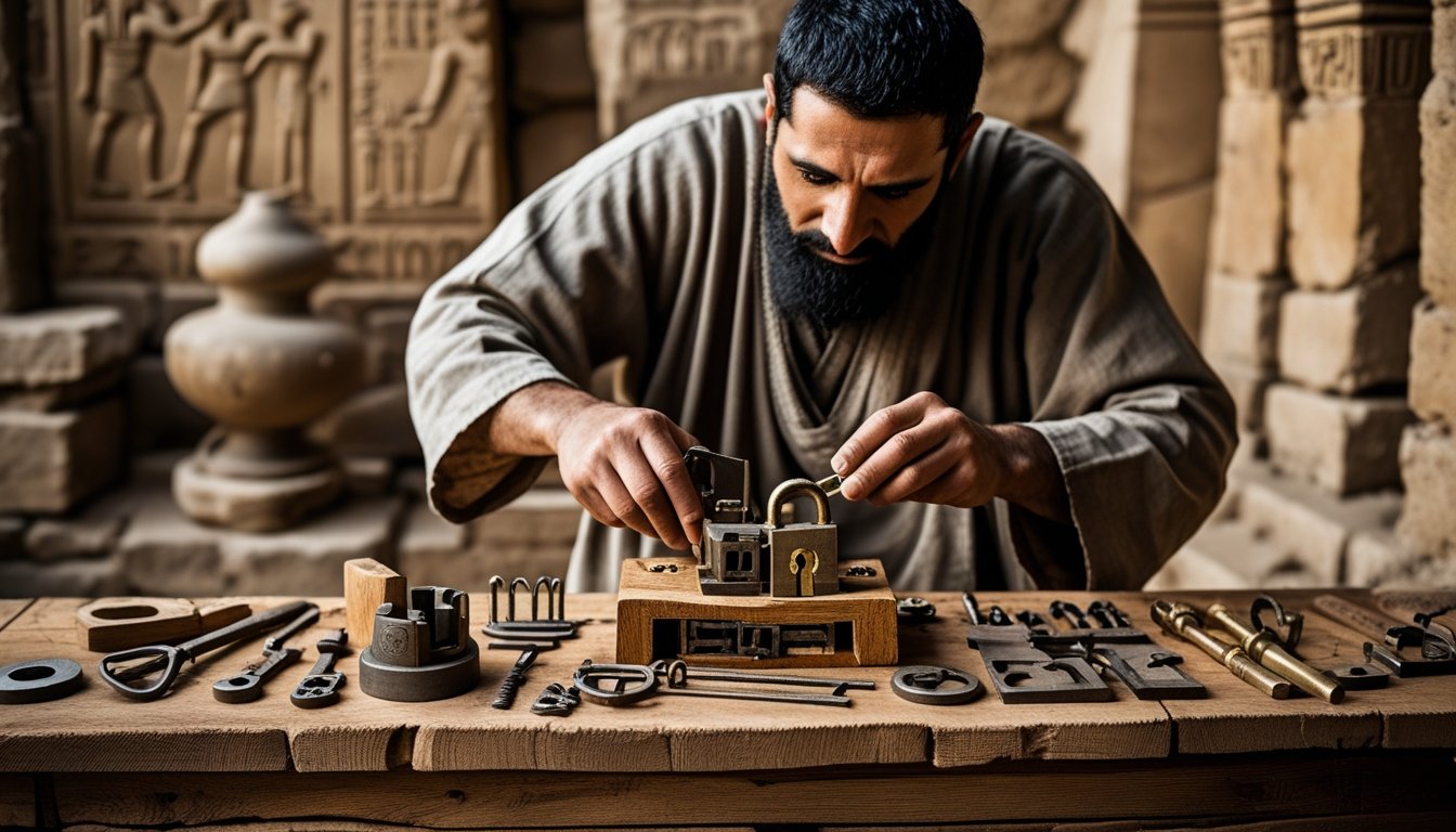 An ancient craftsman working on a primitive lock with historical locksmithing tools on a wooden bench, surrounded by stone walls with ancient civilisation motifs.