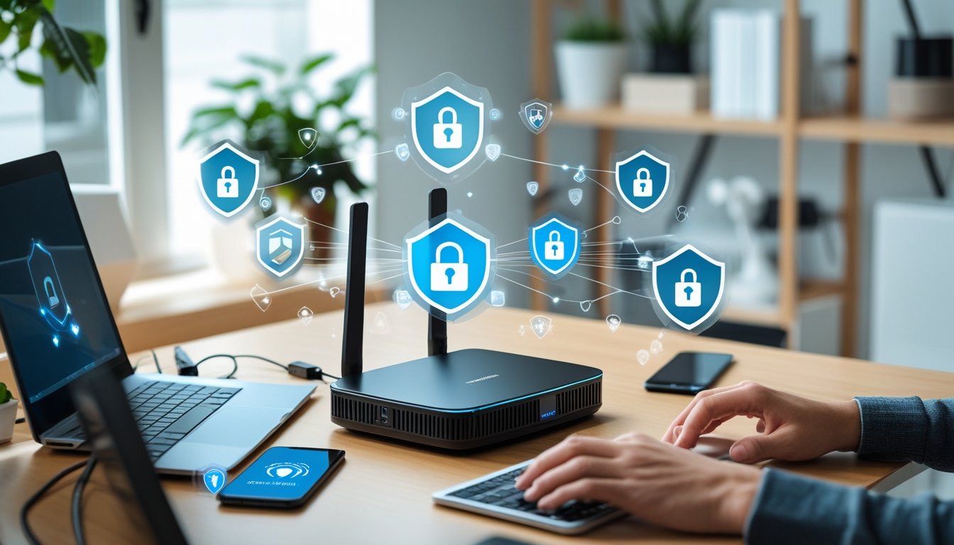 A home office desk with a wireless router, a laptop, and a smartphone showing security icons, symbolising home network protection.