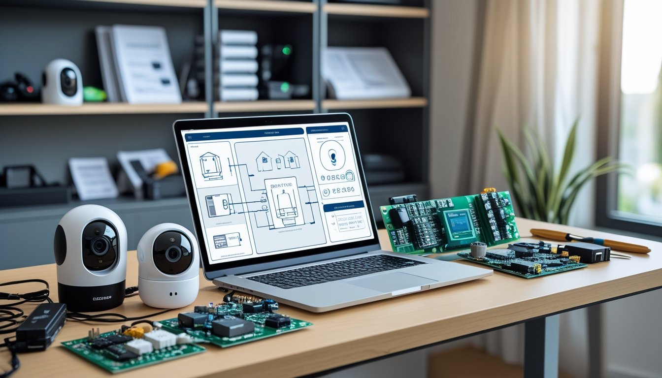 A home office desk with a laptop showing security system designs, tools, and smart security devices arranged neatly.