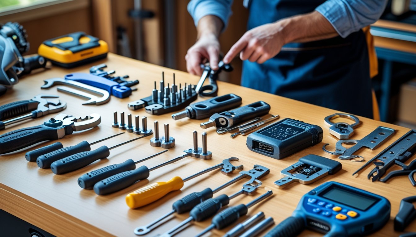 A locksmith's workspace with various locksmith tools neatly arranged on a wooden workbench and a locksmith selecting a tool.