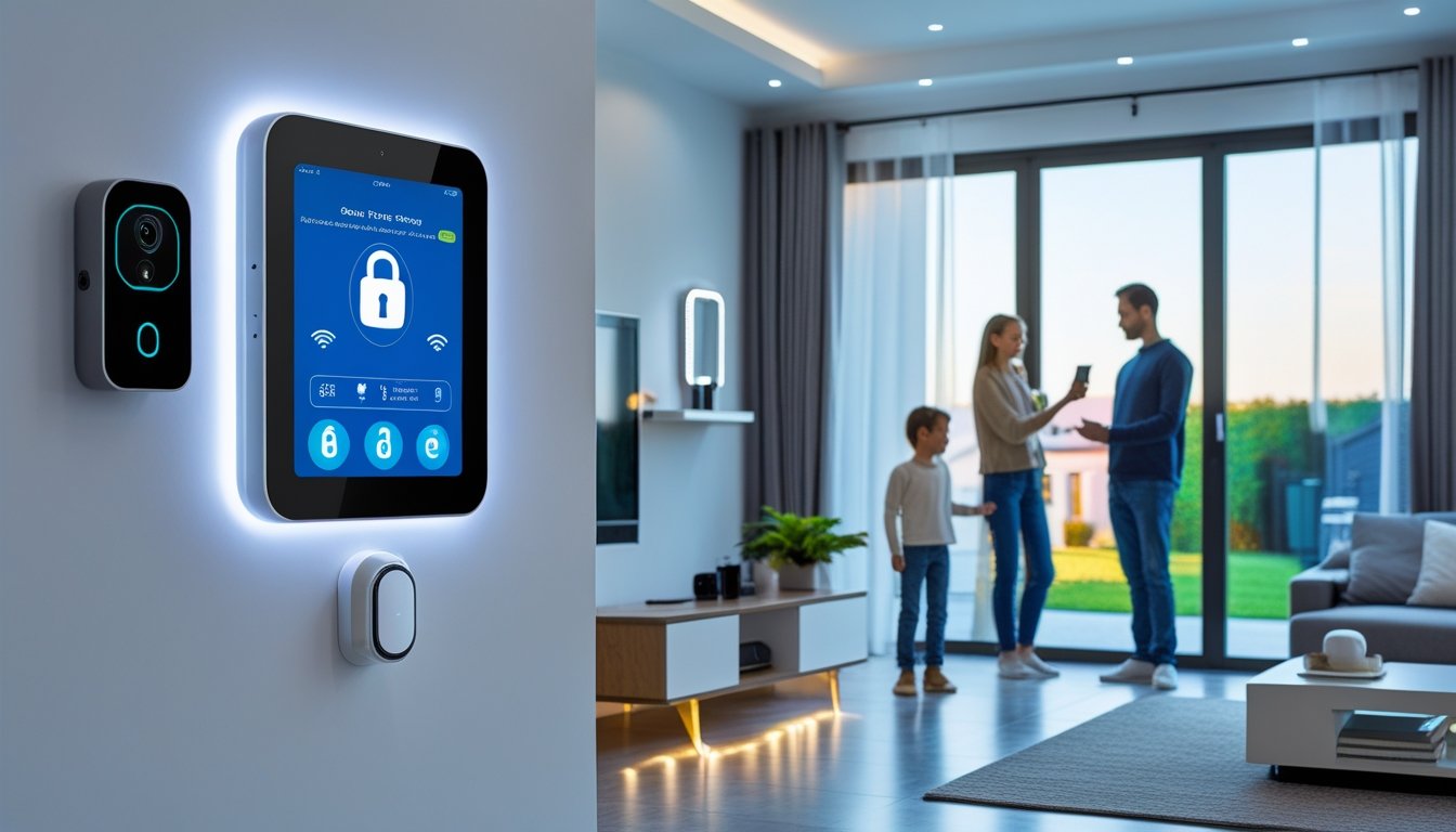 A family in a modern living room using smart home security devices, including a touchscreen control panel, smart door lock, and security cameras, with a view of the secure exterior.