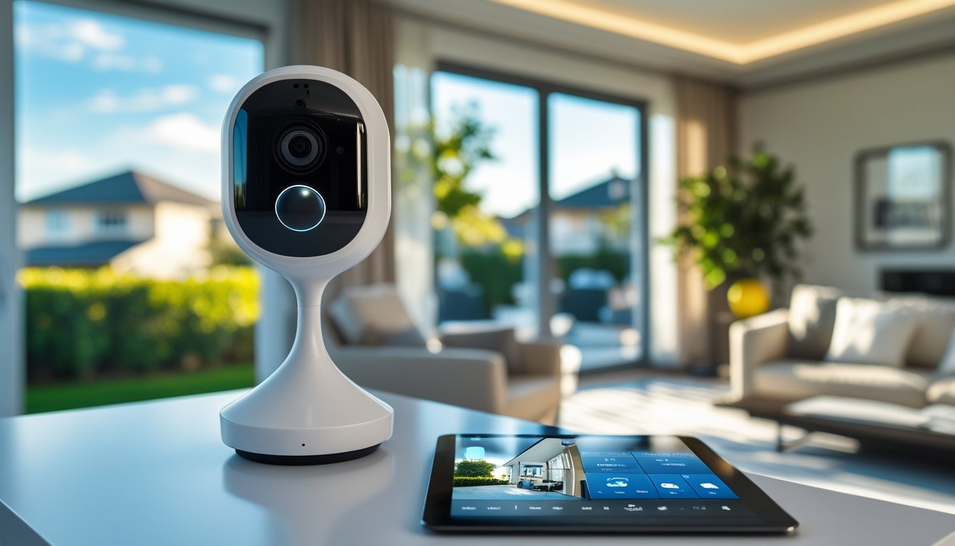 A modern living room with a smart security camera by the window and a tablet showing a live security feed on a table.