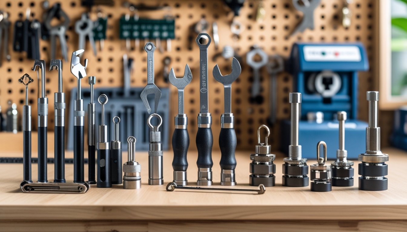 A set of locksmith tools arranged on a wooden workbench with a blurred workshop background.