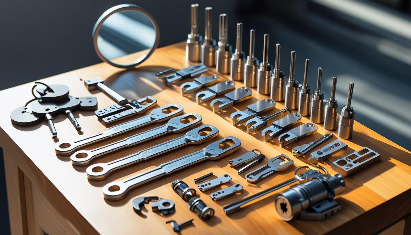A collection of locksmith tools including lock picks, tension wrenches, key extractors, and key blanks arranged on a wooden workbench with a disassembled lock cylinder.