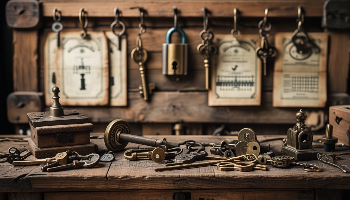 A wooden workbench with vintage locksmith tools, old keys, and lock mechanisms, with historical documents and locks in the background.