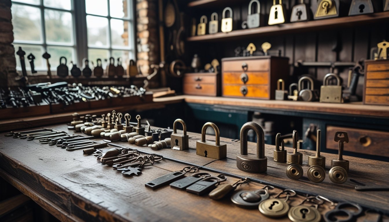 A vintage locksmith workshop with traditional tools and antique locks on a wooden workbench, lit by natural light from a nearby window.