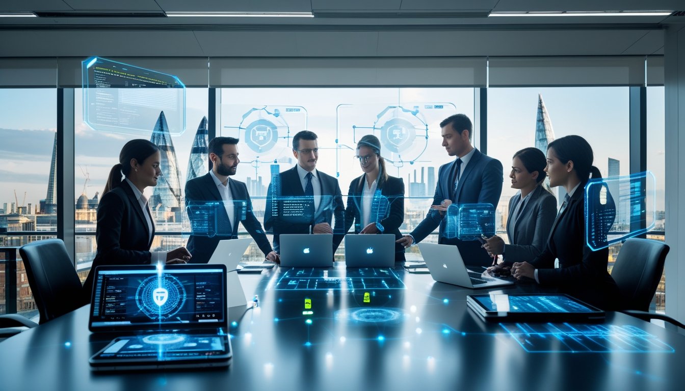 Business professionals working together in a modern office with digital devices showing cybersecurity data and London cityscape visible through large windows.