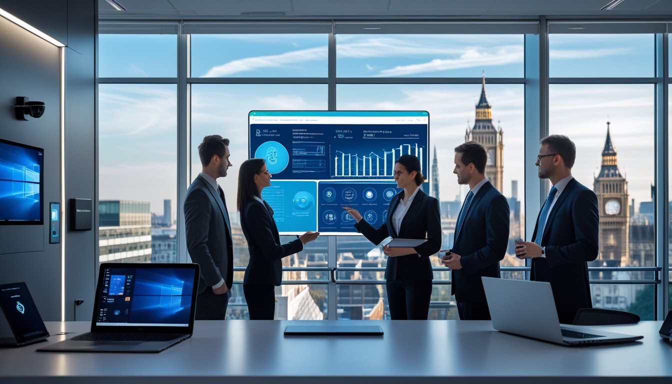 Business professionals discussing security measures around a digital touchscreen in a modern office with security devices and a city view.