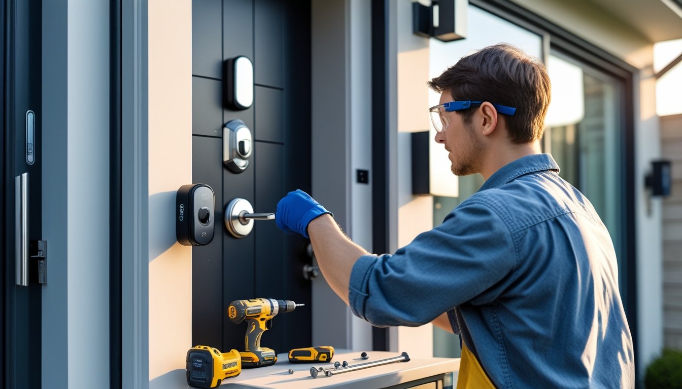 Person installing a smart door lock on a front door with tools nearby in a home entrance.
