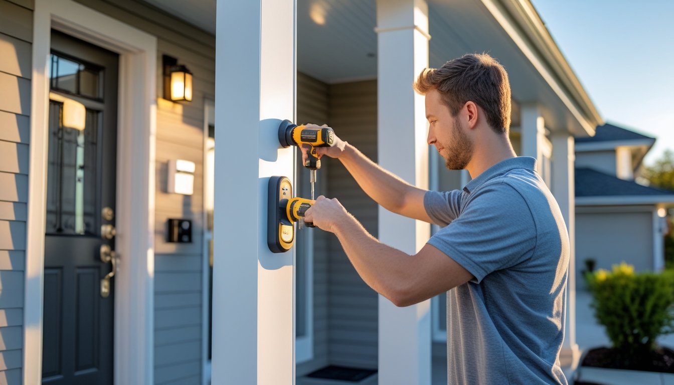 A person installing a smart door lock on a modern home’s front door with security camera and motion sensor light visible nearby.