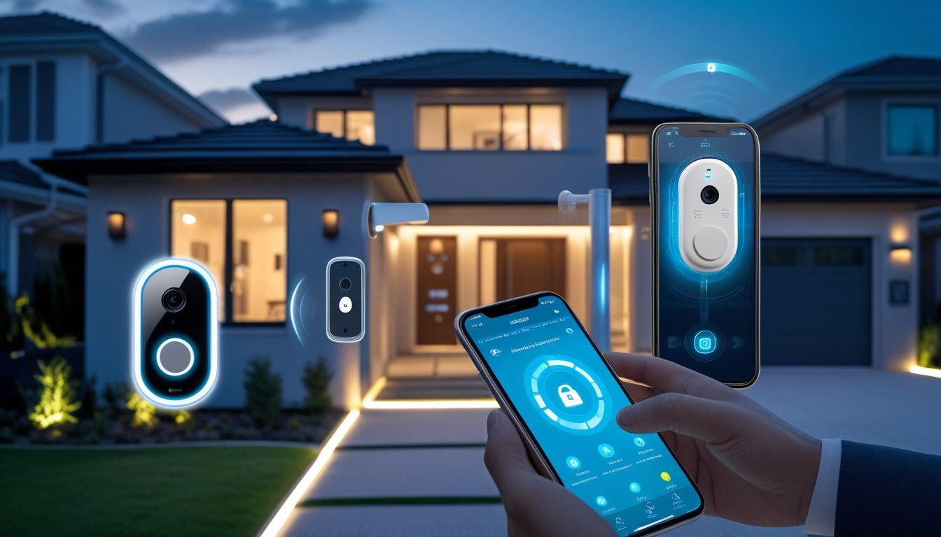 A modern house at dusk with smart security cameras, a video doorbell, a smart lock, and a person using a smartphone to monitor home security.