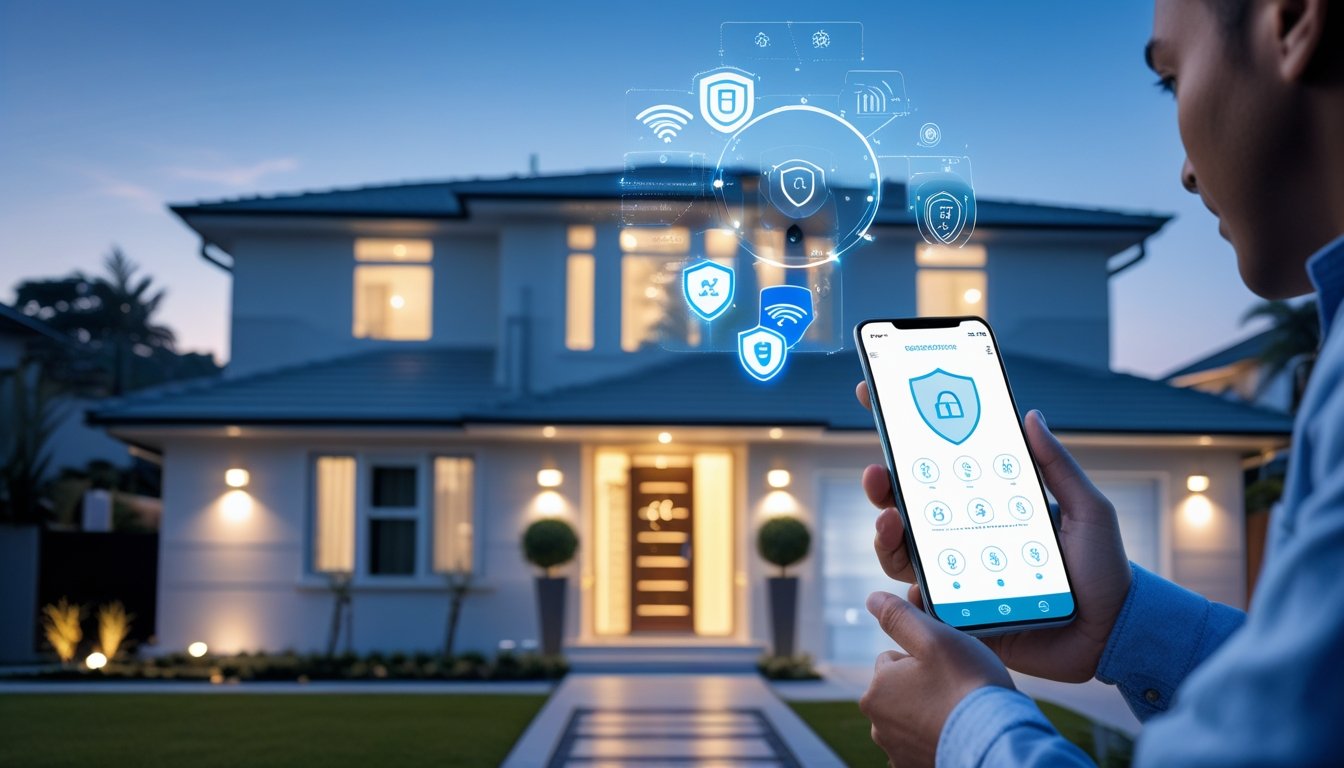 A modern home at dusk with smart security devices and a family using a smartphone to control the system.