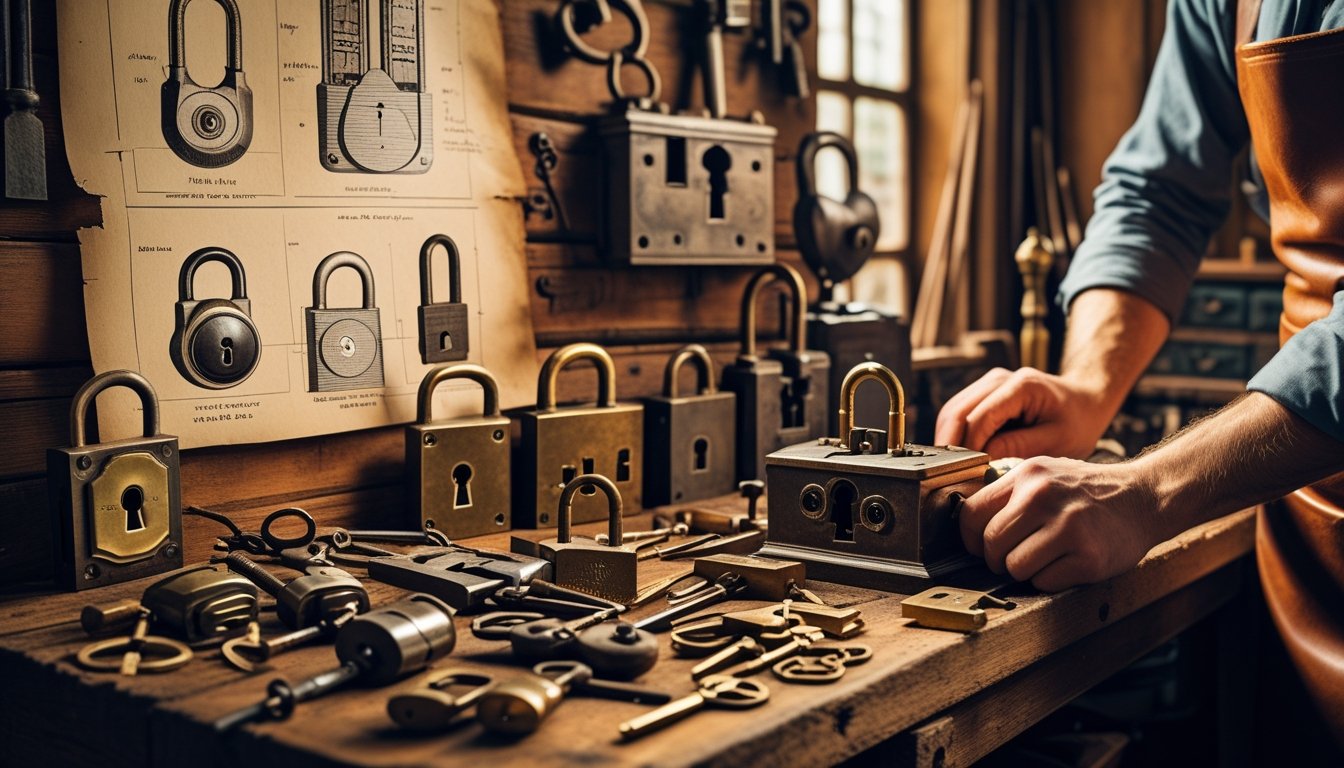 A locksmith's hands working on an old lock at a wooden workbench surrounded by vintage locks, keys, and tools in a workshop.