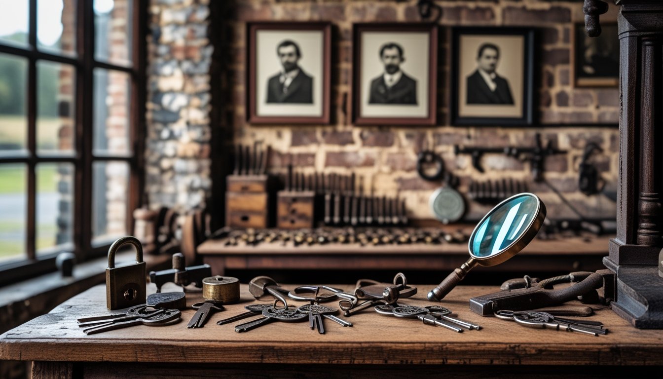 A wooden workbench with old locksmith tools, vintage keys, and padlocks, with black-and-white photos of locksmiths on a brick wall in the background.