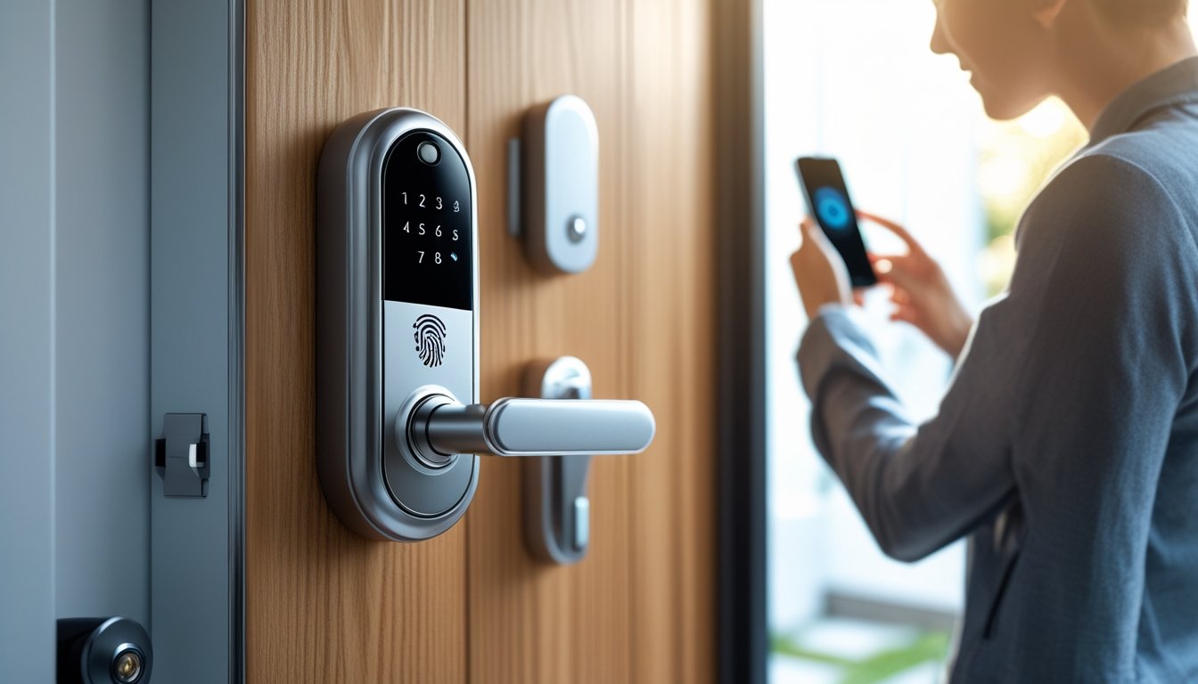 Close-up of a modern smart lock on a wooden door with a person using a smartphone in the background.
