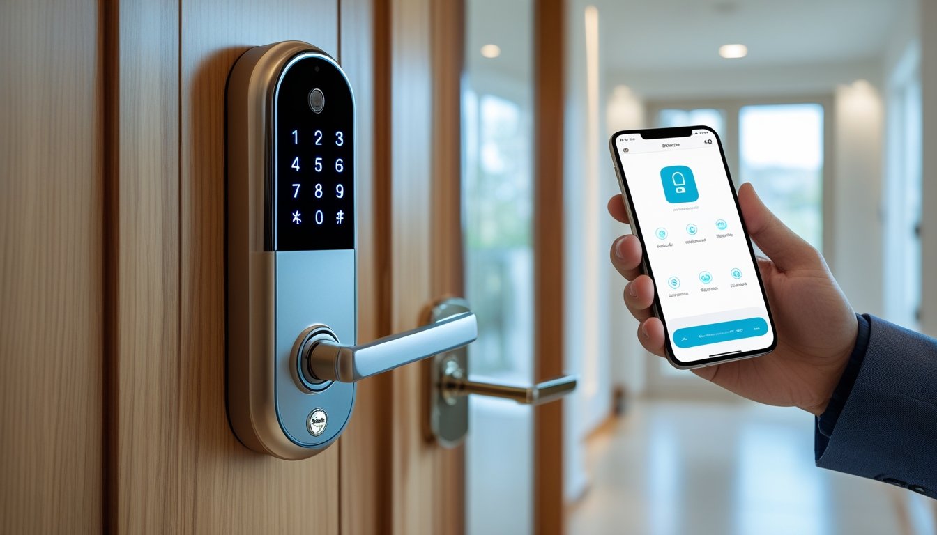 A smart lock on a wooden door with a person holding a smartphone showing a smart lock app inside a modern home hallway.