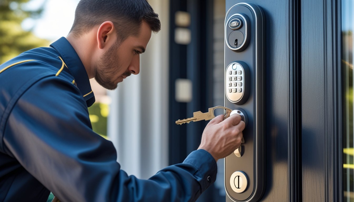 A locksmith installing an advanced electronic lock on the front door of a modern house.