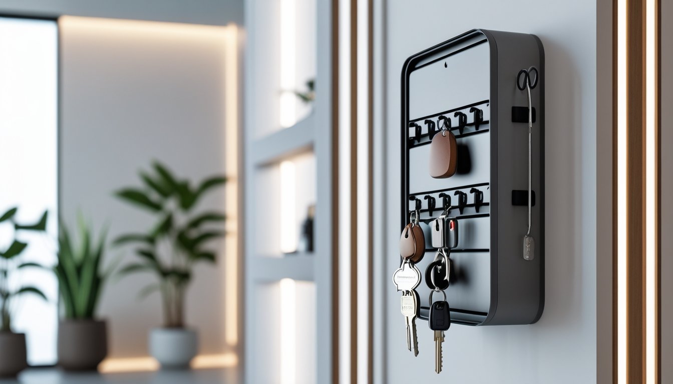 A modern home interior with a wall-mounted key organizer holding keys and small items in a tidy, well-lit space.