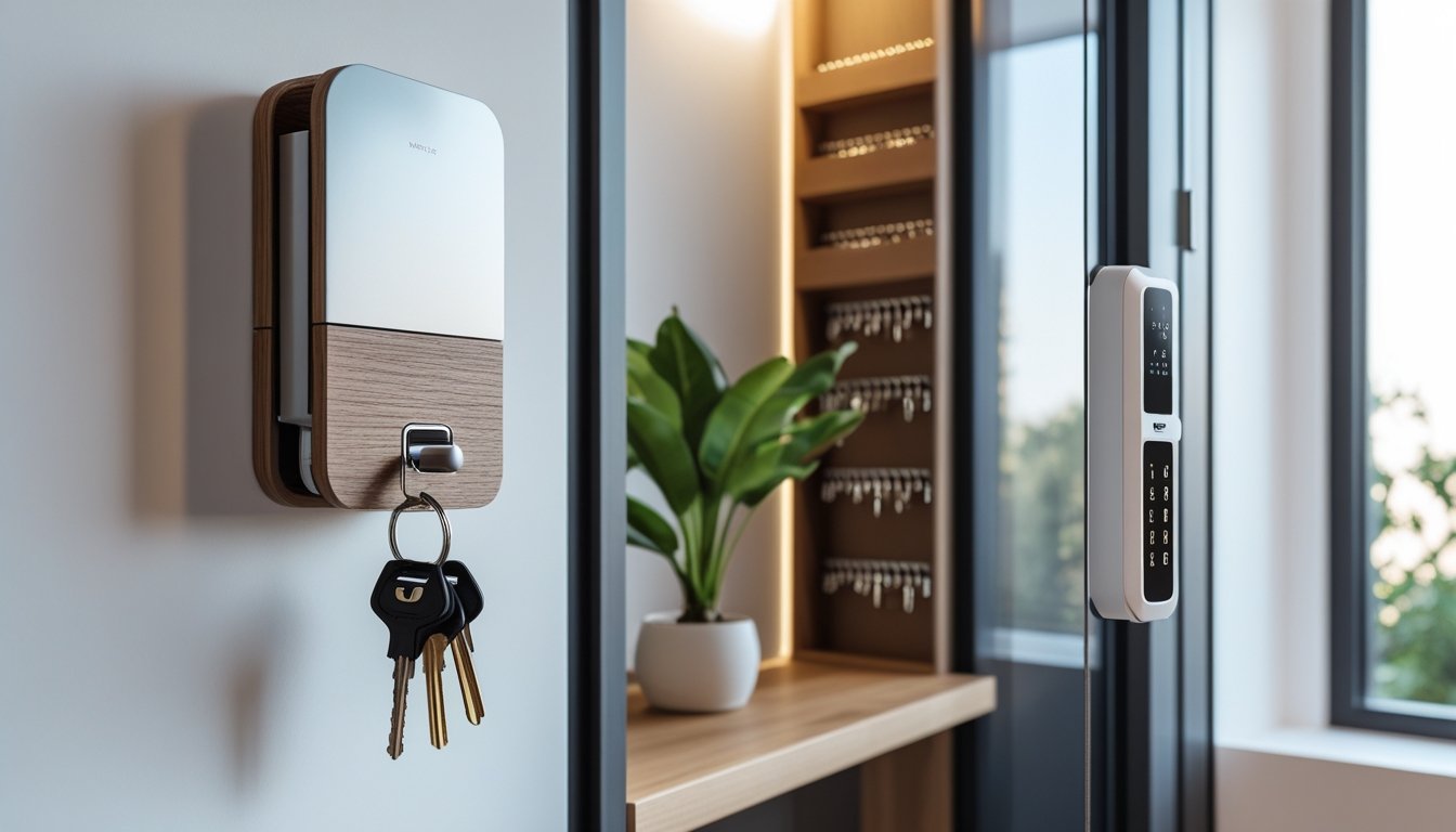 A modern home interior showing a wall-mounted key holder and a smart key cabinet with keys neatly organised inside.