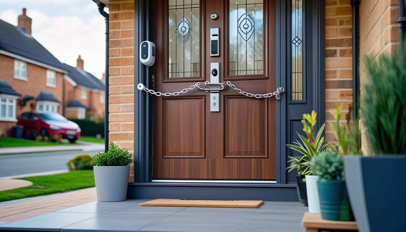 Close-up of a modern UK front door with a smart lock, door chain, and security camera on a sunny suburban street.