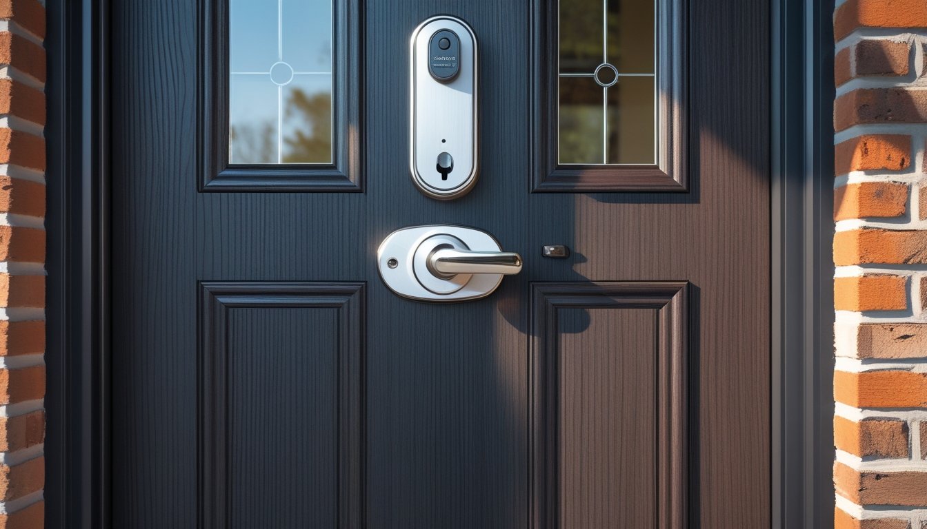 A modern front door of a UK home with a smart lock and brick exterior.