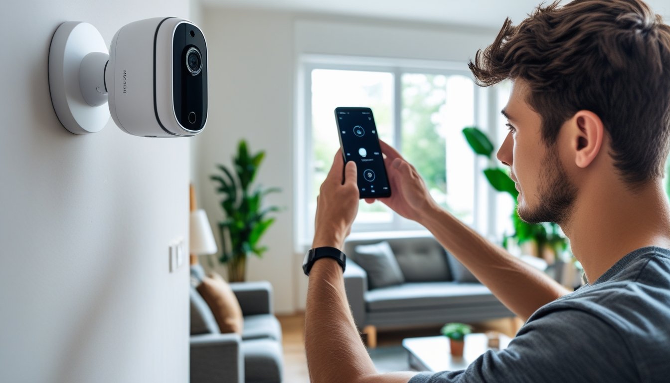 A young adult setting up a home security camera on a wall in a bright living room while using a smartphone.