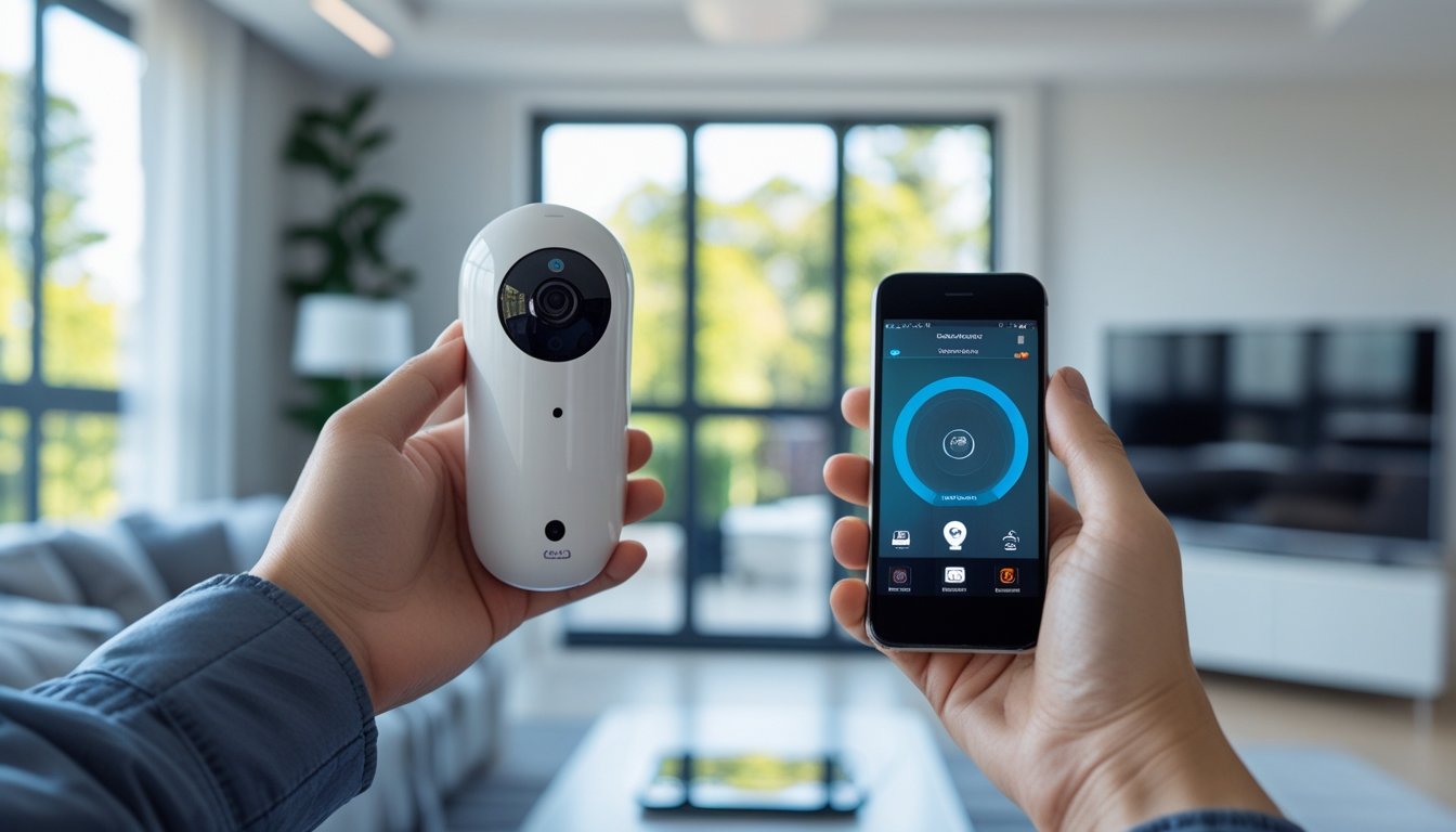 A person holding a smartphone showing a home security app with a security camera mounted on a wall in a modern living room.