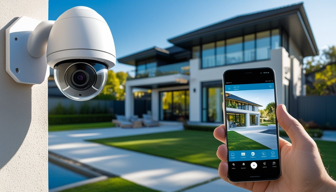 A modern house with a dome-shaped CCTV camera mounted outside and a person holding a smartphone showing a live security camera feed.