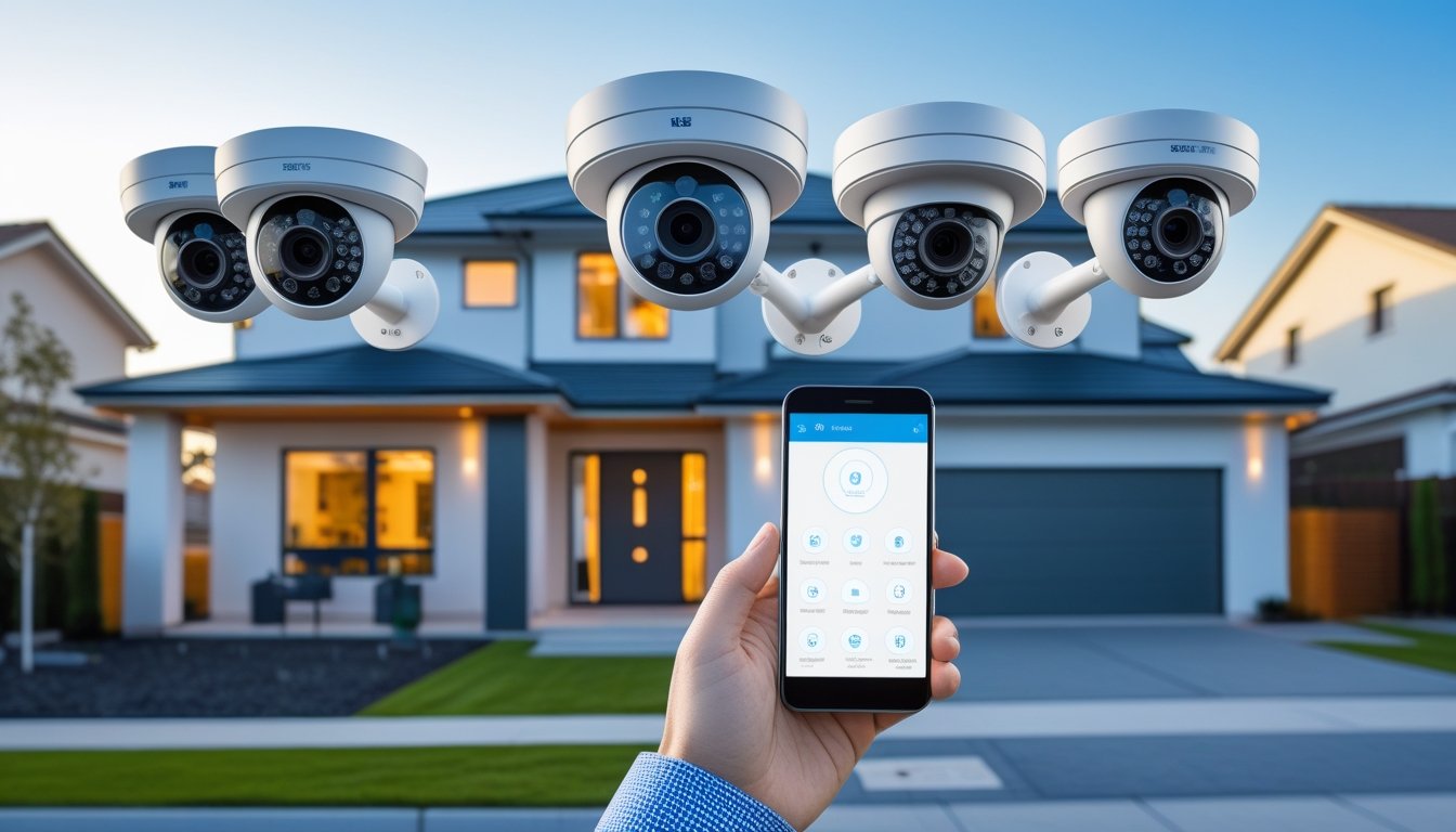 A modern suburban house with multiple CCTV cameras installed outside and a person using a smartphone to monitor the security system.