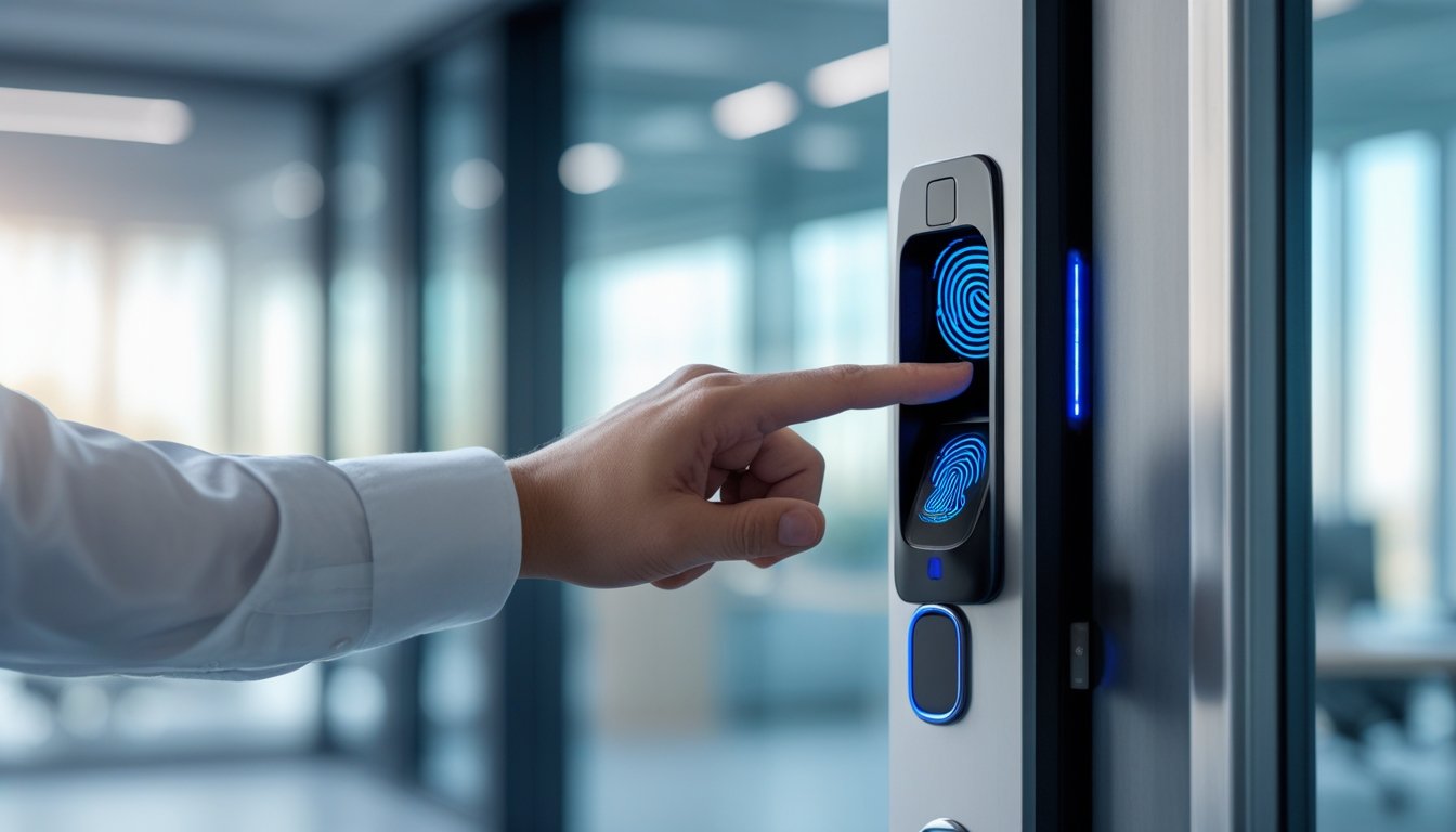 A close-up of a hand using a fingerprint scanner on a biometric lock on a door in an office.