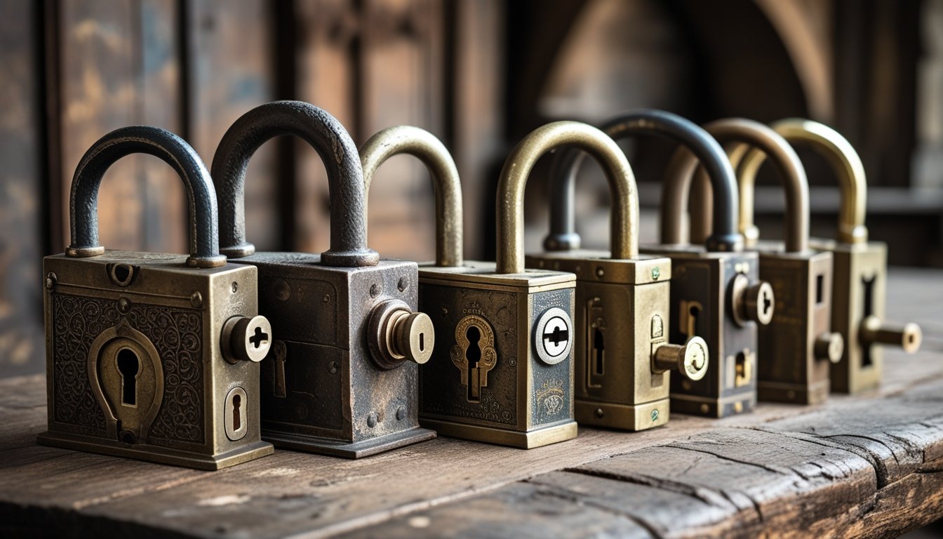 A collection of various traditional metal locks with intricate designs displayed on a wooden surface, evoking a sense of history and craftsmanship.