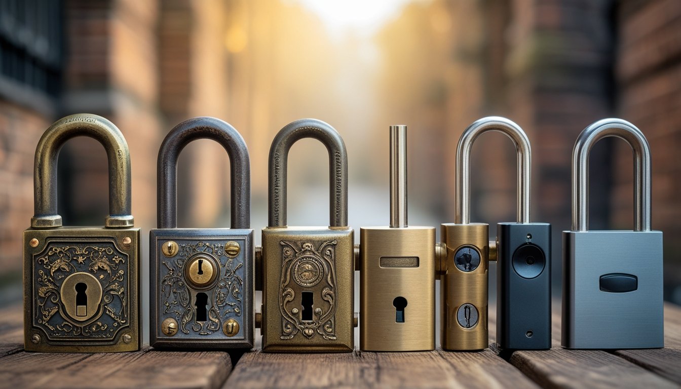 A collection of antique and modern locks arranged side by side on a wooden surface, showing the progression from traditional brass padlocks and skeleton keys to modern digital and smart locks.