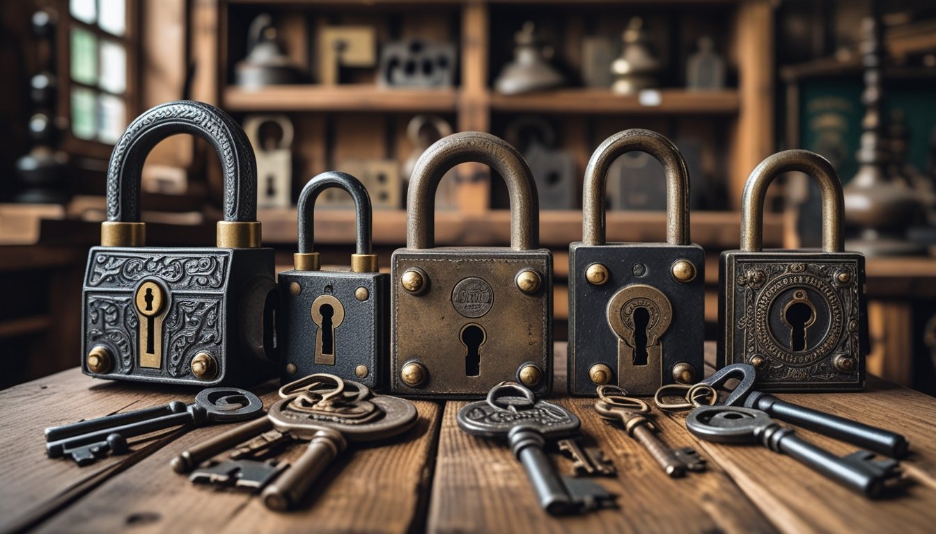 Close-up of traditional UK locks and keys arranged on a wooden table with a blurred workshop background.