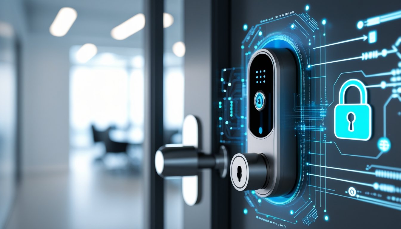 A modern smart lock on a door with glowing digital icons and holographic data streams representing advanced security and technology.