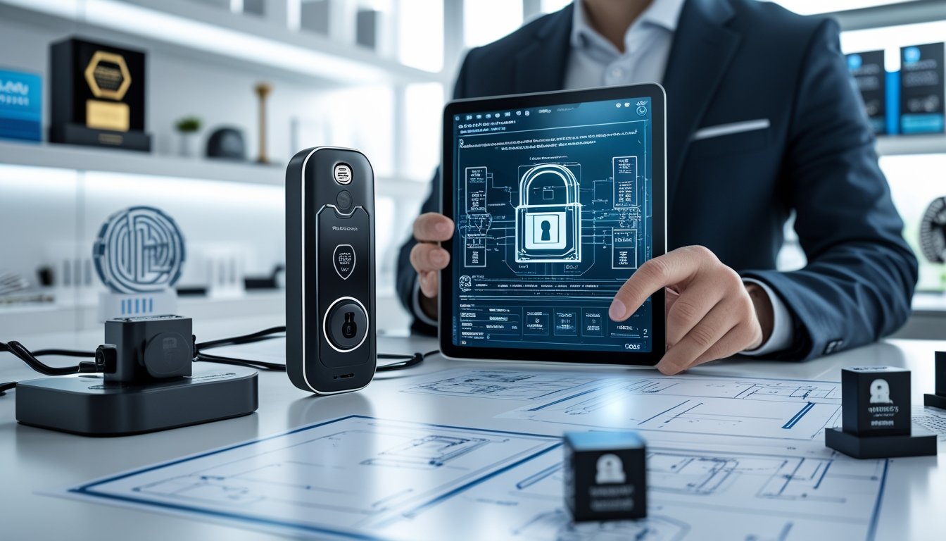 A person in business attire working at a desk with a futuristic digital lock device, technical blueprints, and a tablet showing lock schematics in a modern office.