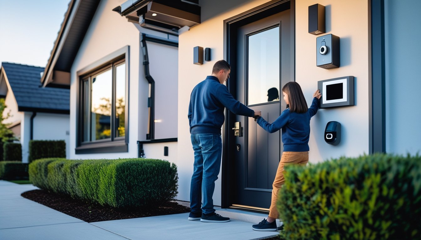 A modern house exterior with a person locking the front door and another using a home security panel, surrounded by security cameras and motion sensor lights.