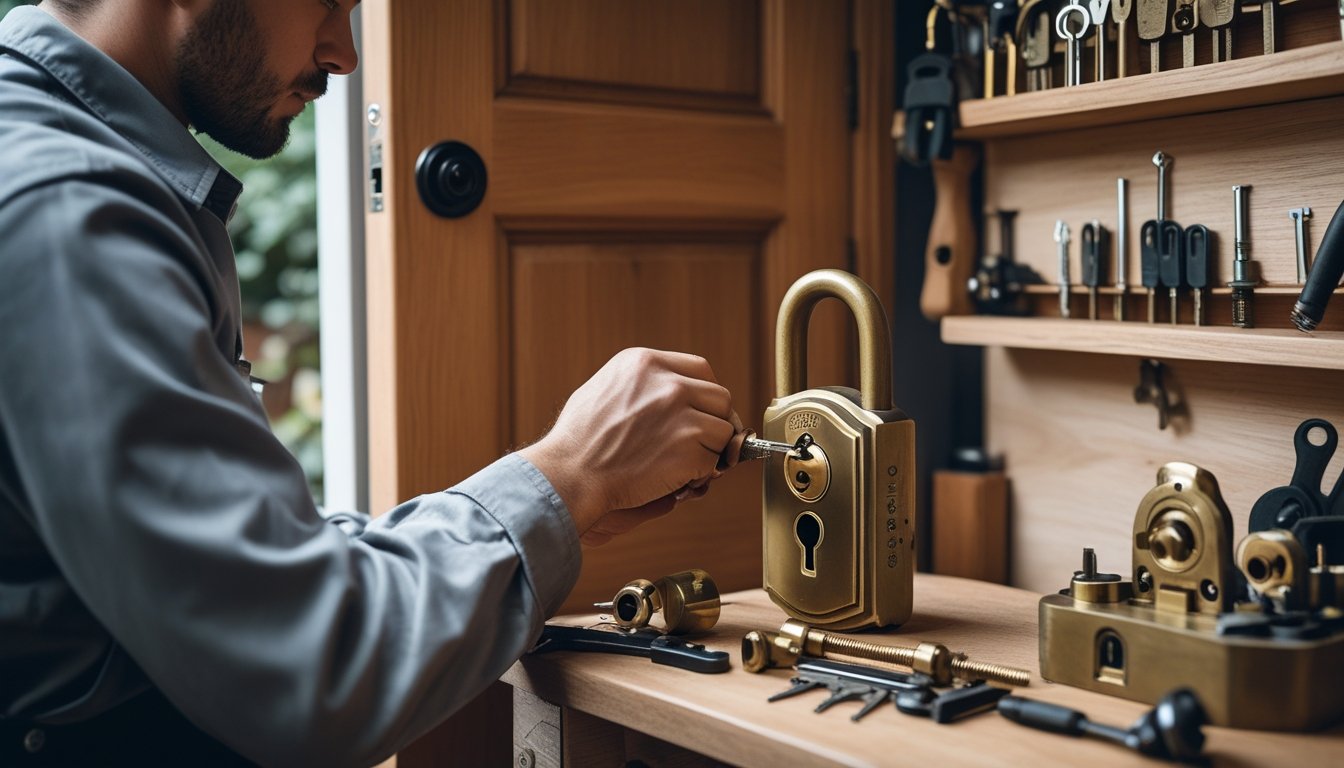 A locksmith working on a traditional brass lock on a wooden door using classic tools in a workshop.