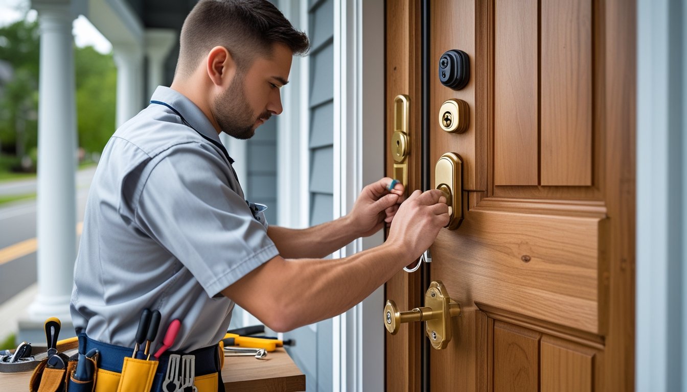 A locksmith installing a traditional deadbolt lock on a wooden front door in a residential home.