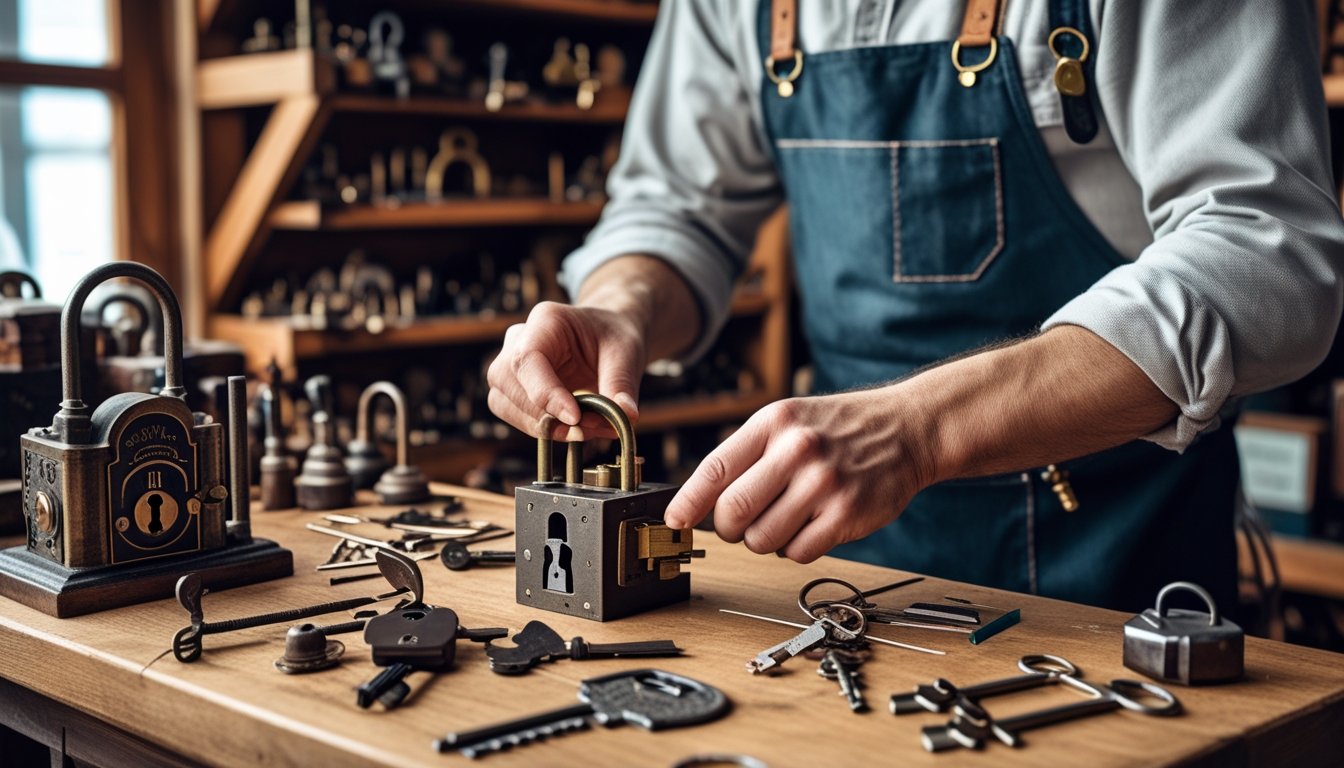 An experienced locksmith working with vintage locks and keys at a wooden workbench in a workshop.