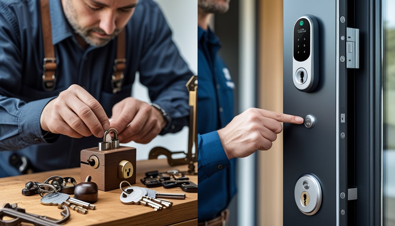 A split scene showing a locksmith working with traditional tools on one side and a person installing a modern digital smart lock on a door on the other side.