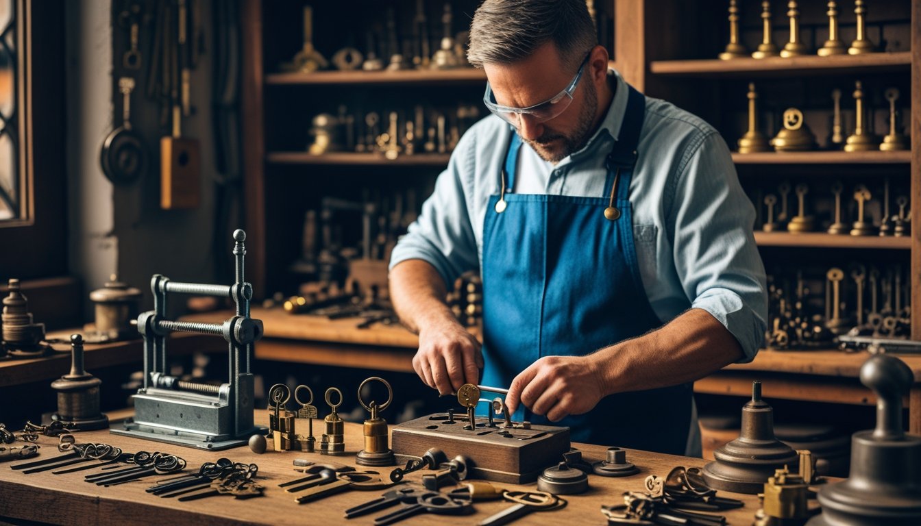 A locksmith working with traditional tools on a wooden workbench surrounded by keys and locks in a workshop.