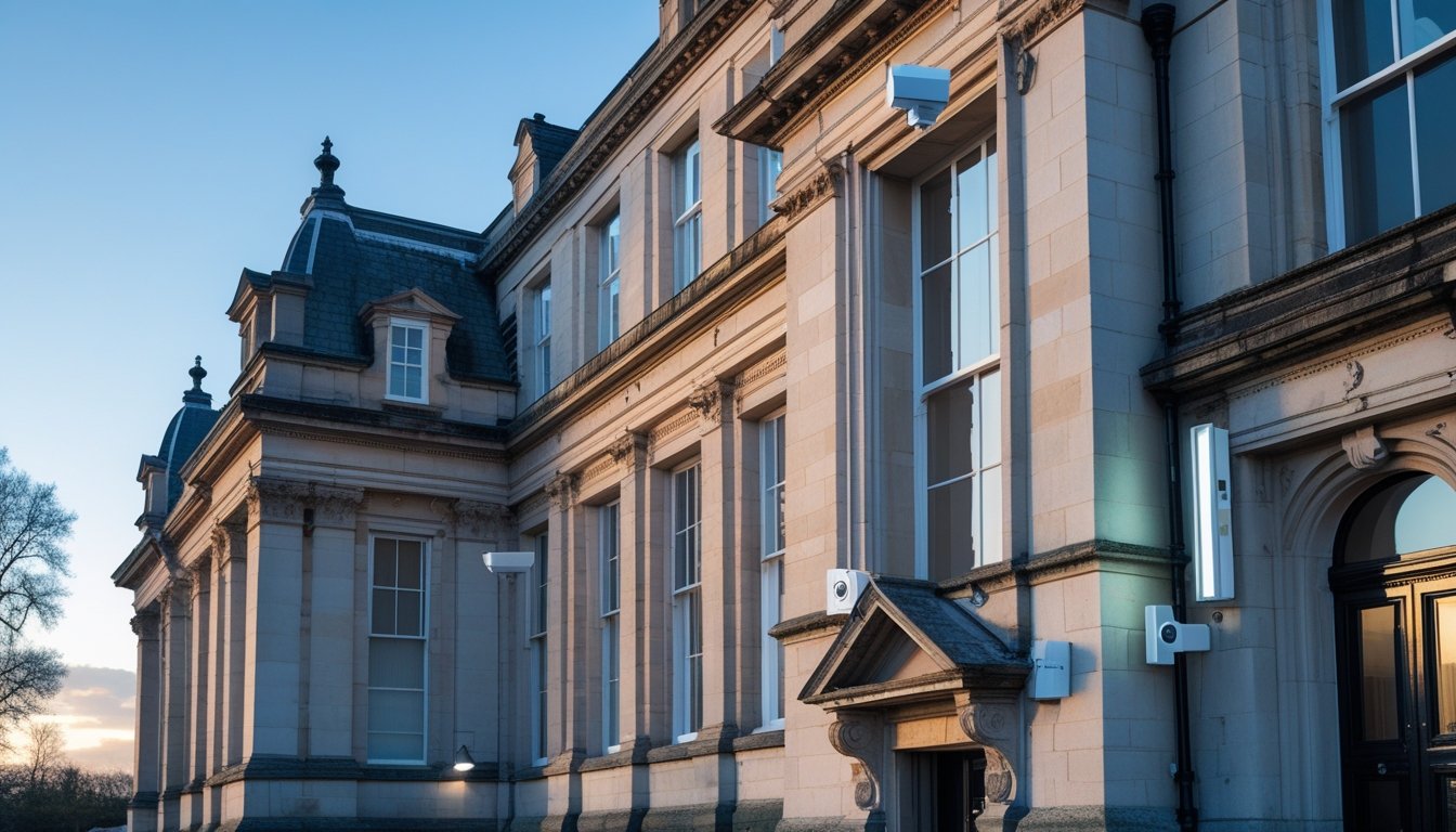 A historic listed building with modern security cameras and sensors installed on its exterior during the day.