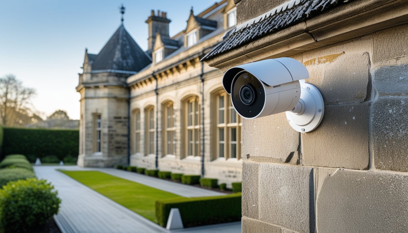 Historic listed building with a modern security camera mounted on its exterior during daytime.