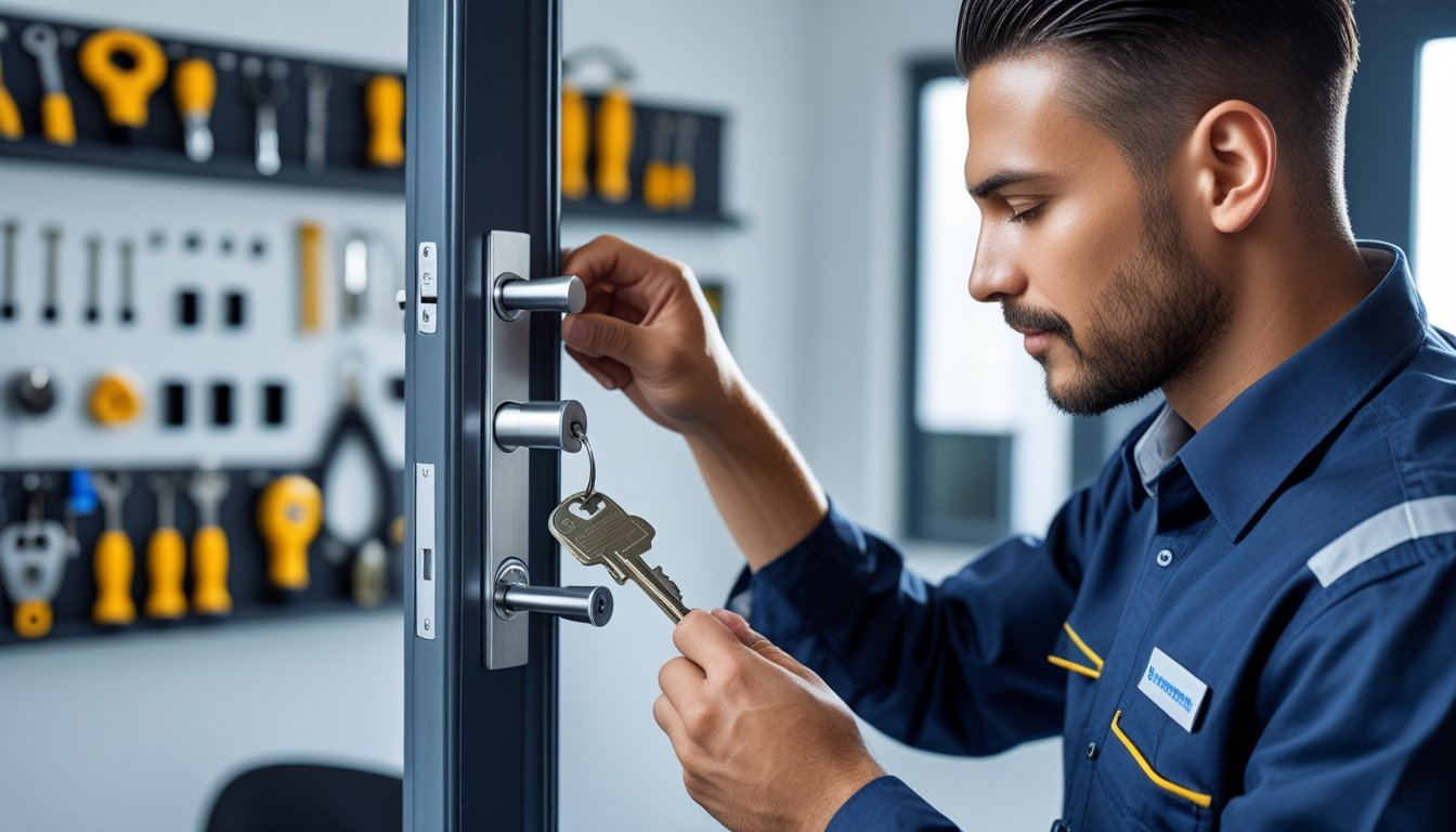 A locksmith in a uniform working with tools to unlock a door lock in a tidy workshop.